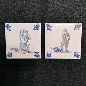 Vintage KLM Business Class Delft Porcelain Tiles Coasters Set of 2 3" Blue Dutch